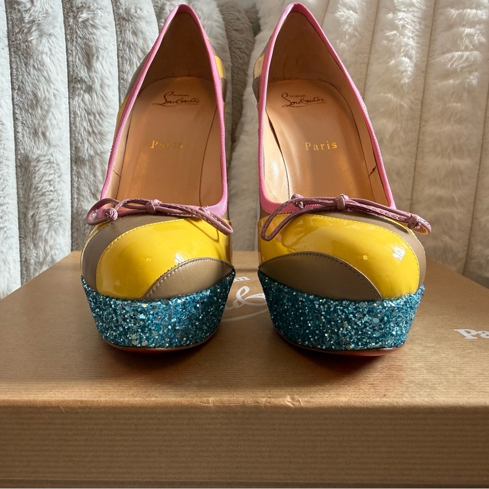 Christian Louboutin Foraine Yellow and Beige Heels with Blue Glitter Platform - Picture 2 of 10